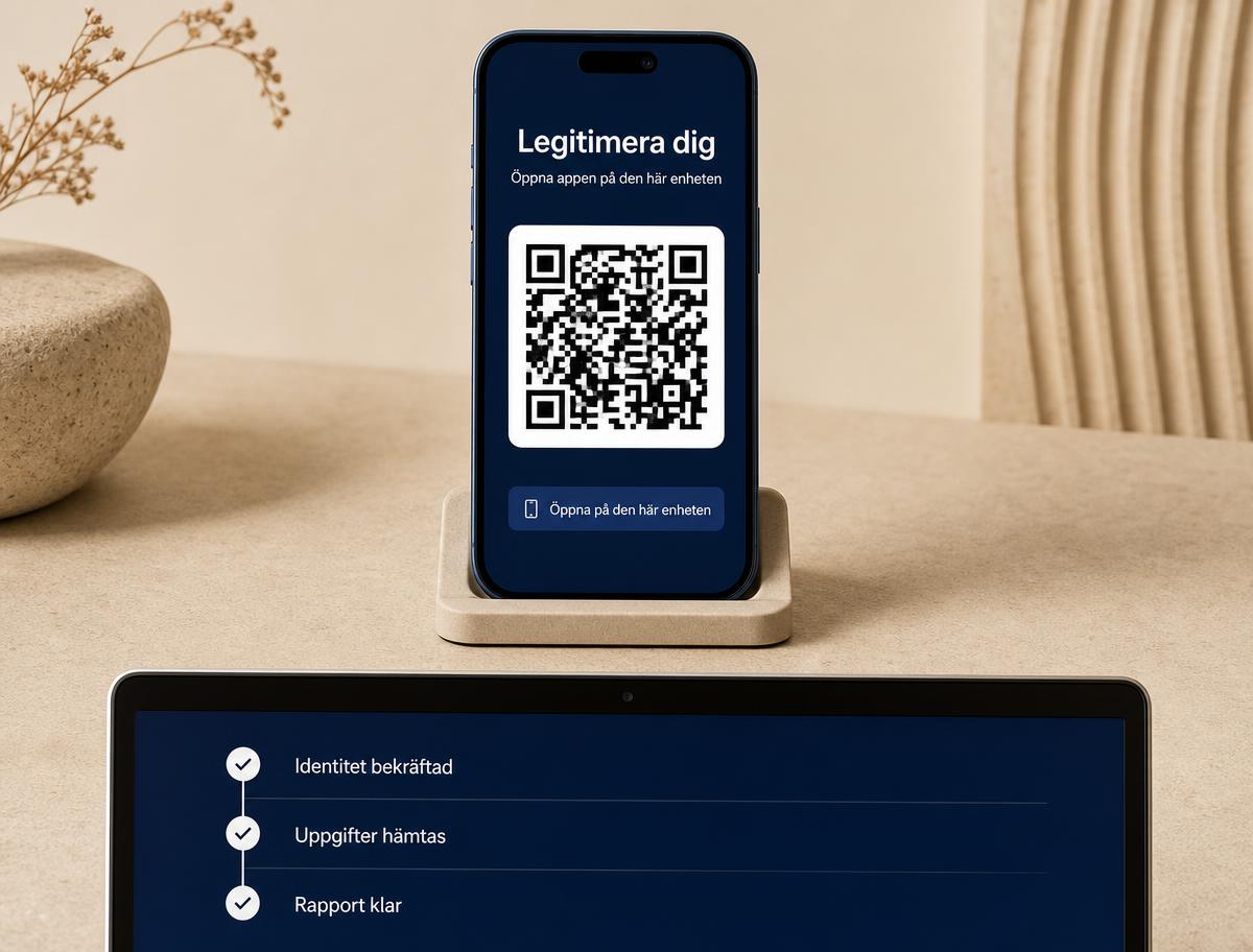 Mobil som visar legitimering med QR-kod och stegen identitet bekräftad, uppgifter hämtas, rapport klar