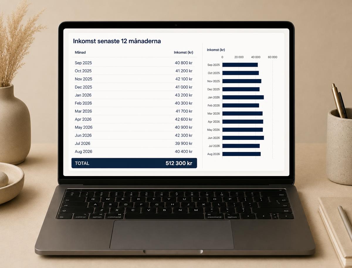 Tabell över inkomsten de senaste tolv månaderna med totalsumma och stapeldiagram